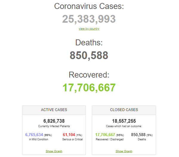 Số liệt thống kê ca nhiễm, tử vong và phục hồi virus corona trên thế giới ngày 31/8/2020. (Ảnh chụp màn hình Worldometers)