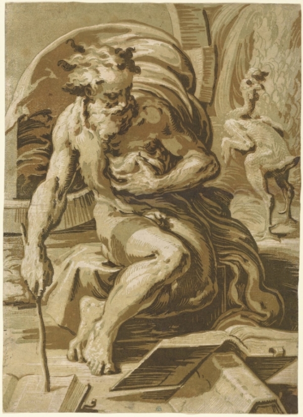 <em>“Nhà triết học Diogenes”, khoảng 1527 - 1530, bởi Ugo da Carpi, phỏng theo Parmigianino. Tranh in mộc bản Chiaroscuro từ bốn bản gỗ khắc màu xanh lá cây nhạt, xanh lá cây trung bình, nâu và nâu sẫm, tình trạng iii / iii, 47.94cm x 33.97cm. Quỹ Pepita Milmore Memorial. (Ảnh: Phòng trưng bày nghệ thuật quốc gia)</em>