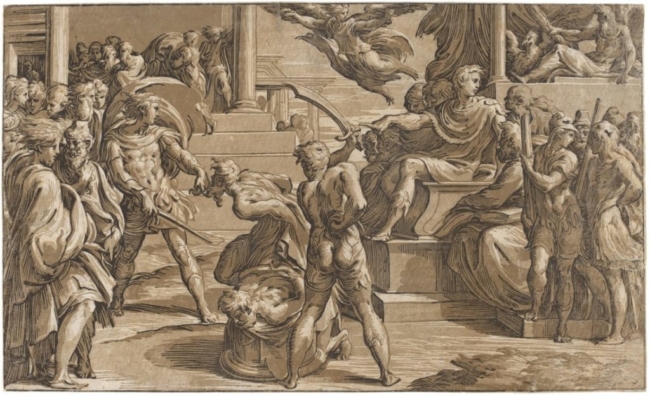 <em>“Nhị Thánh Tử Vì Đạo”, vào khoảng 1527-1530 bởi Antonio da Trento, phỏng theo Parmigianino. Tranh in mộc bản Chiaroscuro từ ba mộc bản màu nâu xám nhạt, nâu xám trung bình và đen, tình trạng i / ii, 29,21cm x 48,26cm. Quà tặng của Ruth Cole Kainen. (Ảnh: Phòng trưng bày nghệ thuật quốc gia)</em>