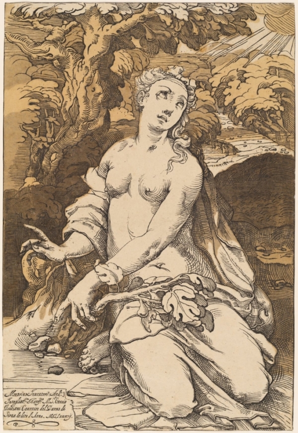 <em>“Eva”, năm 1587, bởi Andrea Andreani, phỏng theo Domenico Beccafumi. Tranh in mộc bản Chiaroscuro được in từ bốn mộc bản màu nâu đất, xám nâu, nâu sẫm và đen, 46.04cm x 31.43cm. Quỹ Andrew W. Mellon. (Ảnh: Phòng trưng bày nghệ thuật quốc gia)</em>