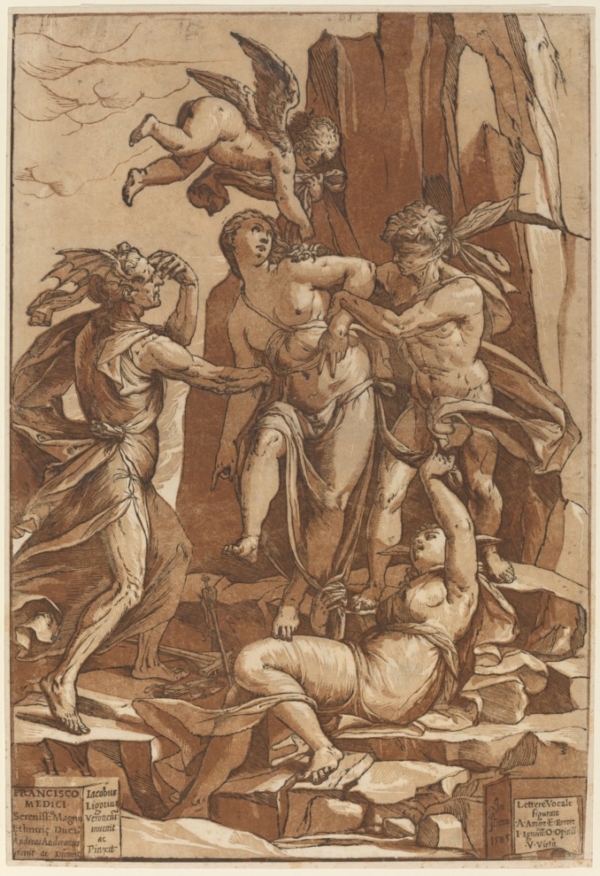 <em>“Allegory of Virtue,” (tạm dịch:Ngụ ngôn Đạo Đức) 1585, bởi Andrea Andreani, phỏng theo Jacopo Ligozzi. Tranh in mộc bản Chiaroscuro được in từ bốn mộc bản màu nâu nhạt, nâu trung, nâu sẫm và đen, tình trạng i / ii, 48.26cm x 33.02cm. Quỹ Bruce Ailsa Mellon. (Ảnh: Phòng trưng bày nghệ thuật quốc gia)</em>