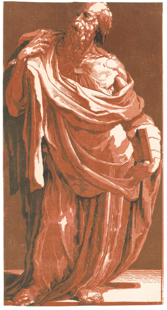 <em>“Tông đồ cầm sách”, khoảng năm 1540, bởi Domenico Beccafumi. Tranh in mộc bản Chiaroscuro được in từ bốn mộc bản màu đỏ nhạt, đỏ trung, đỏ xám và đen, 40,48cmx 21.43cm. (Ảnh: Thư viện Quốc hội, Phòng In và Ảnh, Washington, D.C.)</em>