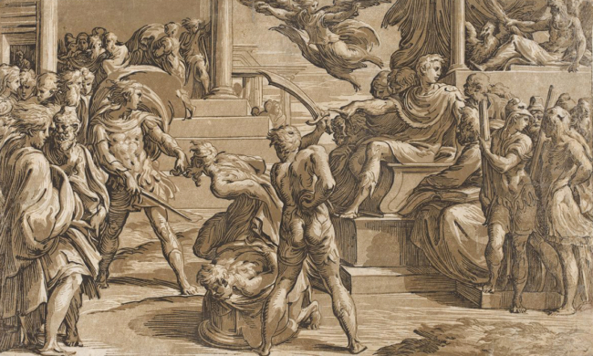 <em>“Martyrdom of Two Saints” (Tạm dịch: Nhị Thánh Tử Vì Đạo) khoảng1 527-1530, bởi Antonio da Trento, phỏng theo Parmigianino. Tranh in mộc bản Chiaroscuro in từ ba bản gỗ khắc màu nâu xám nhạt, nâu xám trung và đen, 29,21cm x 48,26cm. (Ảnh: Phòng trưng bày nghệ thuật quốc gia)</em>