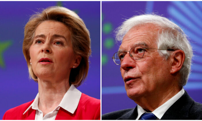 Chủ tịch Ủy ban Châu Âu Ursula von der Leyen (bên trái) tổ chức một cuộc họp báo trình bày chi tiết về những nỗ lực của EU nhằm hạn chế tác động kinh tế của sự bùng phát dịch bệnh ĐCSTQ (COVID-19), tại Brussels, Bỉ ngày 2 tháng 4 năm 2020 (Francois Lenoir / Pool / Reuters qua The Epoch Times)