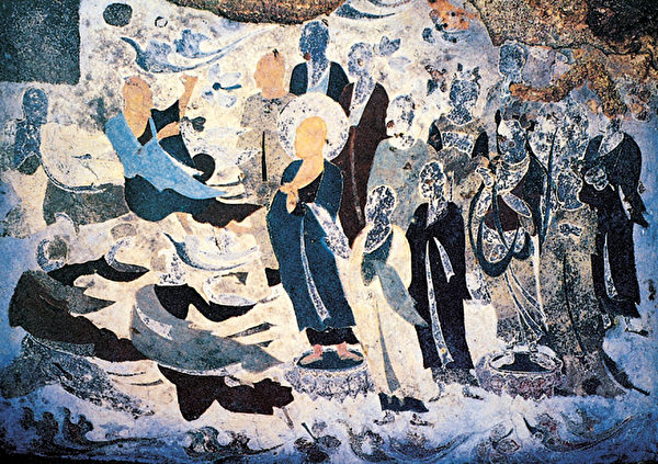 Bức tranh miêu tả Bồ Tát, đệ tử và Phi thiên tụ họp trong bích họa trên hang đá thời Bắc Chu tại Mạch Tích Sơn (Ảnh phạm vi công cộng qua Epoch Times).