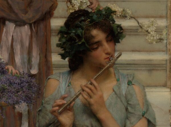 Chi tiết cô gái thổi sáo trong bức tranh "Mùa Xuân" của Lawrence Alma-Tadema, sáng tác năm 1894. Bảo tàng Getty, Los Angeles. (Ảnh Wikipedia/ Phạm vi công cộng)