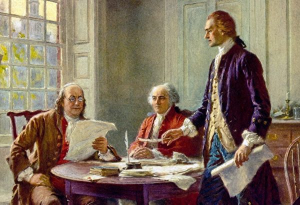 Jefferson (phải), Franklin (trái) và Adams (giữa) đang cùng nhau soạn thảo bản tuyên ngôn - Tranh "Tuyên ngôn độc lập" của Jean Leon Gerome Ferris (Ảnh: phạm vi công cộng)