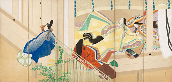 Chủ đề thứ nhất trên nền bình phong của tác phẩm "Truyện kể về Genji" được vẽ bởi Matsuoka Yingqiu năm 1912. (Tranh do viện bảo tàng nghệ thuật NewYork cung cấp)