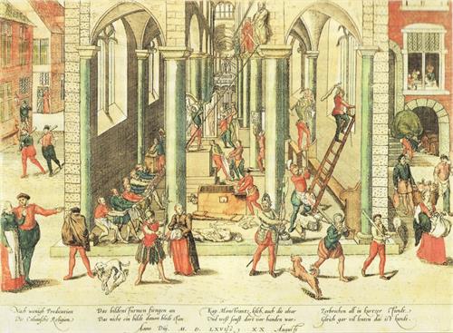 Năm 1566, tín đồ Tân giáo trường phái Calvin đang hủy hoại tượng và tranh tôn giáo tại Nhà thờ Đức Mẹ đồng trinh. Hình vẽ là tranh của họa sĩ phái Flemish Frans Hogenberg