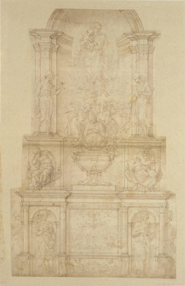 Thiết kế cho Lăng mộ của Giáo hoàng Julius II della Rovere,1505-1564, tranh bút mực tô bóng tông nâu ,  Michelangelo Buonarroti, 51 x 40cm. Bảo tàng Nghệ thuật Metropolitan, Quỹ Rogers, 1962 (Bảo tàng Nghệ thuật Metropolitan)