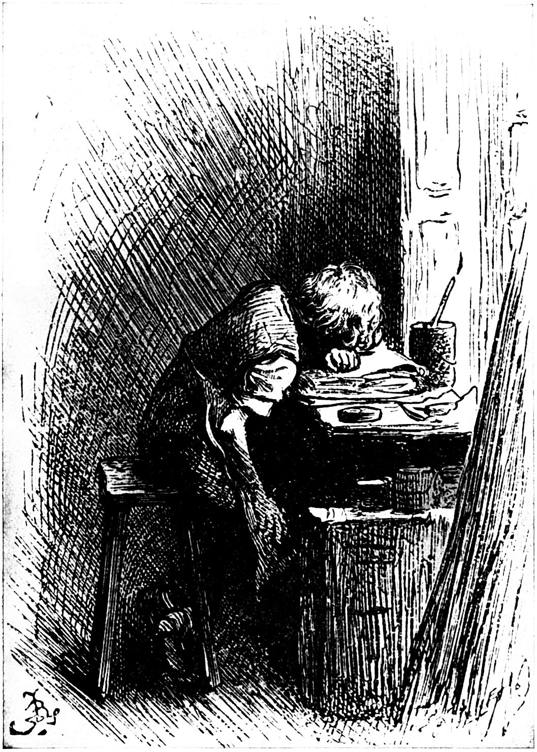 Hình minh họa của Fred Barnard về Charles Dickens thời trẻ đang làm việc trong một nhà máy sản xuất giày sau khi cha anh bị đưa đến trại tế bần. Bức tranh trong cuốn “Cuộc đời của Dicken” ấn bản năm 1892 (Ảnh phạm vi công cộng)