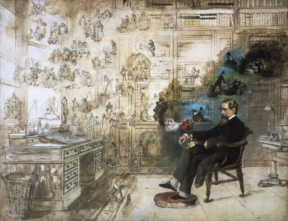 "Giấc mơ của Dickens” vẽ bởi Robert William Buss, minh hoạ Dickens ngồi ở bàn và xung quanh là rất nhiều các nhân vật của ông (Ảnh phạm vi công cộng)