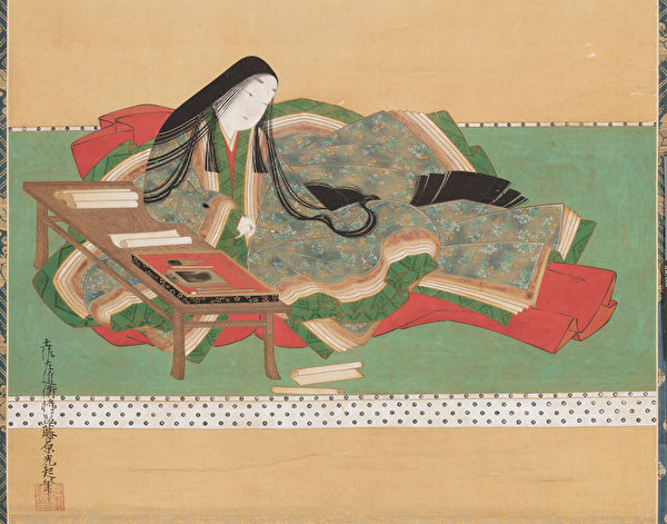 Tranh cuộn treo tường "Chân dung Murasaki Shikibu" của tác giả Tosa Mitsuyoshi (một phần), vẽ bằng mực trên nền lụa. (Tranh do viện bảo tàng nghệ thuật NewYork cung cấp)