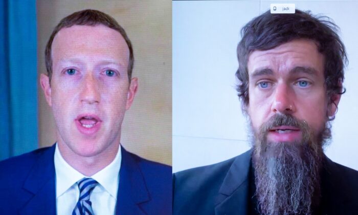 Giám đốc điều hành Facebook Mark Zuckerberg (trái) và Giám đốc điều hành Twitter Jack Dorsey (phải) điều trần từ xa trước Quốc hội vào ngày 28 tháng 10 năm 2020. (Ảnh Michael Reynolds / POOL / AFP / Getty Images)