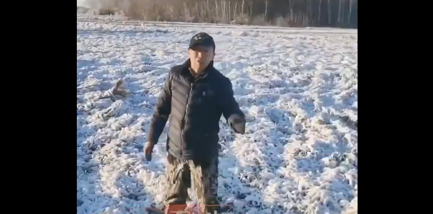 Một đoạn video do một cư dân mạng đăng tải cho thấy tuyết rơi dày ở Gia Mộc Tư, Hắc Long Giang, phủ kín xuống cánh đồng lúa. (Ảnh chụp màn hình)