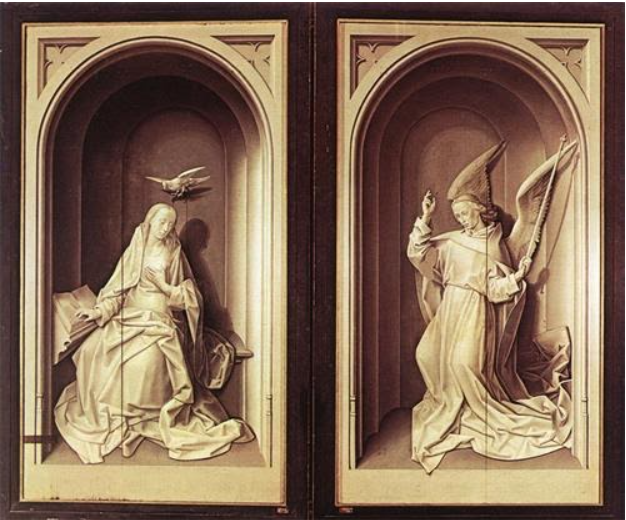 Hình dạng sau khi đóng của tranh đàn tế 3 tấm (Portinari Altarpiece), mặt phô ra sau khi đóng vẽ đơn sắc, tác giả là Hugo van der Goes, trên mặt sơn dầu, tranh đàn tế sau khi mở ra là 253cm x 586cm, sáng tác khoảng năm 1475