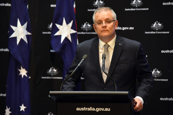 Ông Scott Morrison, thủ tướng Úc, trong cuộc họp báo tại Tòa nhà Quốc hội ở Canberra, Úc, vào ngày 07 tháng 4 năm 2020. (Ảnh Sam Mooy / Getty Images)