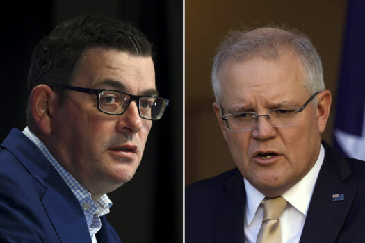 Thủ hiến bang Victoria, ông Daniel Andrews, phát biểu (Ảnh Quinn Rooney / Getty Images); Thủ tướng Scott Morrison (Ảnh Sean Davey / Getty Images)
