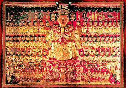 "Bảo vật quốc gia" - Phù điêu Quốc tổ Lạc Long Quân và các nhân vật thời đại Hùng Vương được lưu giữ tại Đền Nội Bình Đà, xã Bình Minh, huyện Thanh Oai, thành phố Hà Nội. (Ảnh wikipedia)