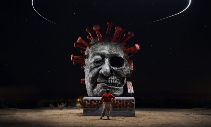Công trình điêu khắc ‘Virus Trung Cộng’ ở Công viên điêu khắc Liberty, Sa mạc Mojave ở Quận San Bernardino, California. Công trình này đã bị thiêu rụi do một cuộc tấn công đốt phá vào tháng 07/2021. (Ảnh: Đăng dưới sự cho phép của anh Jonas Yuan)