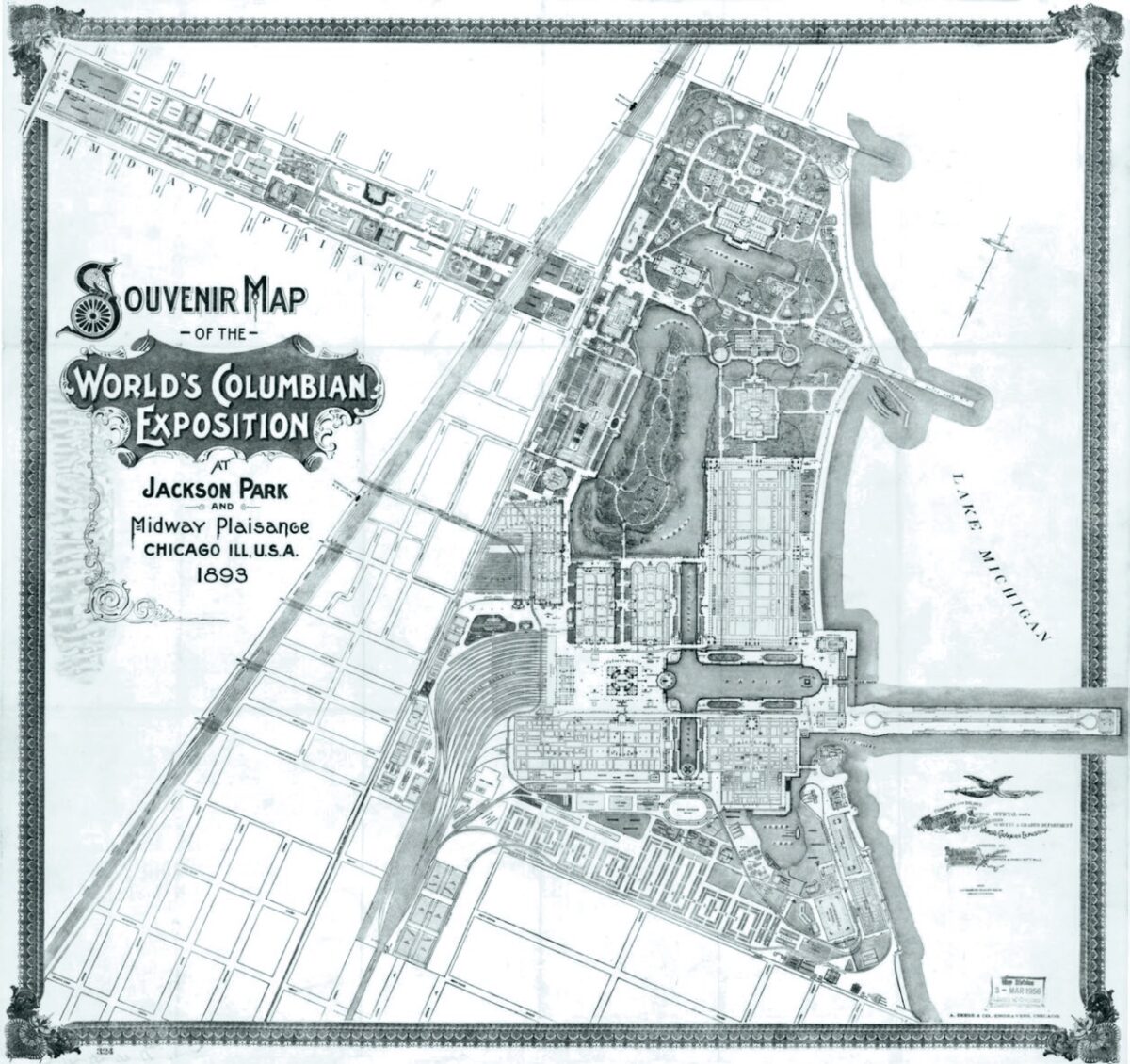 Một bản đồ lưu niệm về Hội chợ Thế giới ở Chicago năm 1893, được tổ chức tại Công viên Jackson Park và Midway Plaisance. (Ảnh: Thư viện Quốc hội)