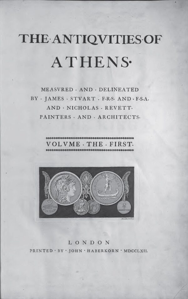 Mặt trước của cuốn “The Antiquities of Athens” (Những Tàn Tích Của Athens) của kiến trúc sư James Stuart và Nicholas Revett, xuất bản năm 1762. (Ảnh: Tài sản công)