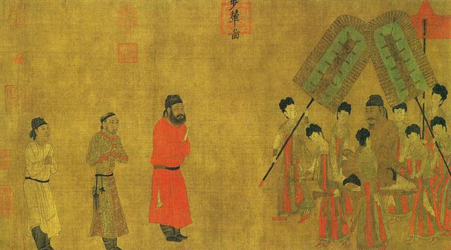 Bức “Bộ liễn đồ” mô tả cảnh Lộc Đông Tán triều kiến Đường Thái Tông. (Ảnh: Tái sản công)