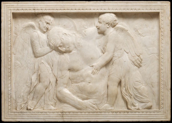 Tác phẩm “Dead Christ Tended by Angels” (Đấng Christ Tử Nạn Được Các Thiên Thần Săn Sóc) do điêu khắc gia Donatello thực hiện vào khoảng năm 1435. Chất liệu: Đá cẩm thạch; kích thước: 31 3/4 x 45 x 2 3/8 inch. Bảo tàng Victoria & Albert ở London. (Ảnh: London's Victoria & Albert Museum)
