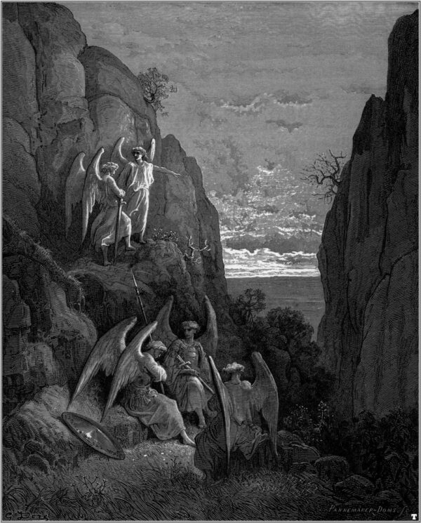 Bức tranh điêu khắc của nghệ sĩ Gustav Doré thực hiện vào năm 1866, dựa trên phân đoạn “Vì vậy ngài đã hứa; và Tổng lãnh thiên thần Uriel chịu trách nhiệm/Trở về (Quyển IV. Dòng 589, 590), trong tác phẩm “Thiên Đường Đã Mất” của thi hào John Milton. (Ảnh: Tài sản công)