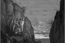 Một chi tiết trong bức tranh do nghệ sĩ Gustav Doré điêu khắc cho bài thơ “Paradise Lost” (Thiên Đường Đã Mất) của thi sĩ John Milton cho thấy hai thiên thần đang bàn luận về một linh hồn ác quỷ có thể đã đến trái đất. (Ảnh: Tài sản công)