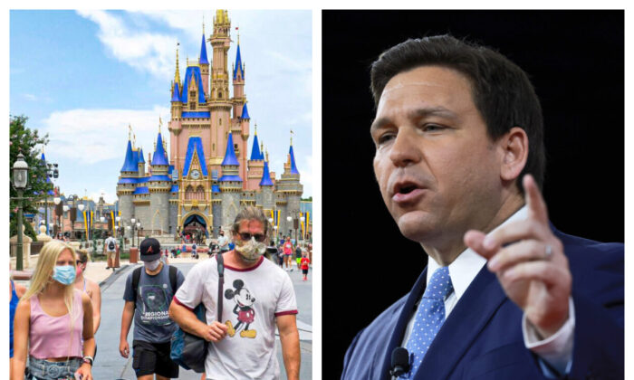 (Trái) Du khách tại Walt Disney World ở Hồ Buena Vista, Florida, trong một bức ảnh tư liệu. (Phải) Thống đốc Ron Desantis ngày 24/02/2022(Ảnh: Joe Burbank/Orlando Sentinel qua AP; Joe Raedle/Getty Images)