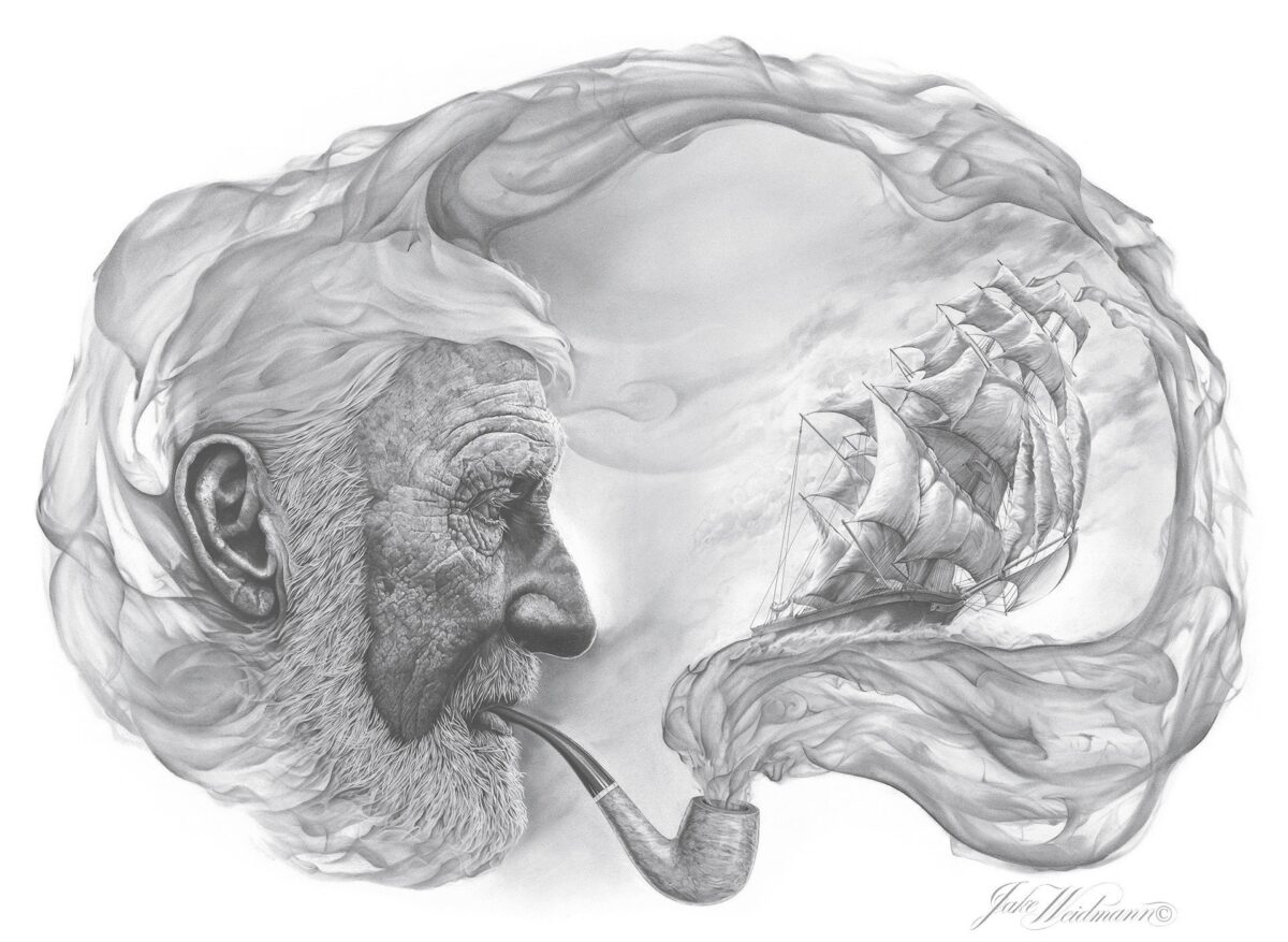 Tác phẩm “Of Smoke and Sea” (Khói thuốc và Biển cả), tranh vẽ bằng bút chì và chì than về một người thủy thủ già đang hồi tưởng lại những cuộc phiêu lưu trên biển của ông. (Ảnh: Đăng dưới sự cho phép của anh Jake Weidmann)