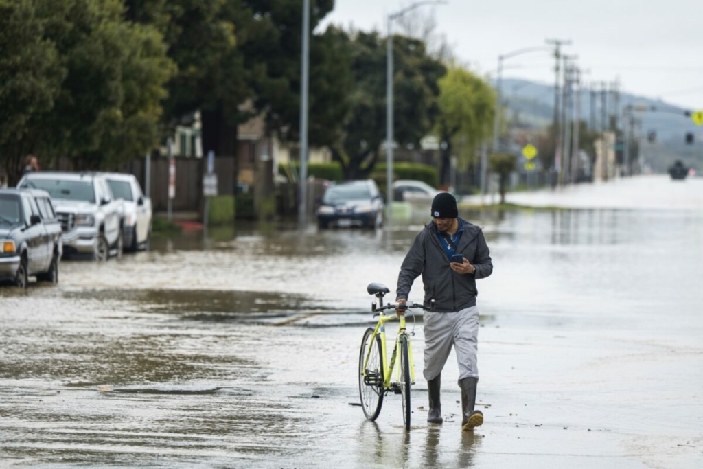 Một người đàn ông dắt xe đạp qua dòng nước lũ ở Watsonville, California, hôm 11/03/2023. (Ảnh: Nic Coury/AP Photo)