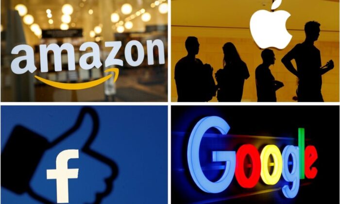 Logo của các Đại công ty Công nghệ Amazon, Apple, Facebook, và Google, trong các bức ảnh tư liệu. (Ảnh: Reuters)