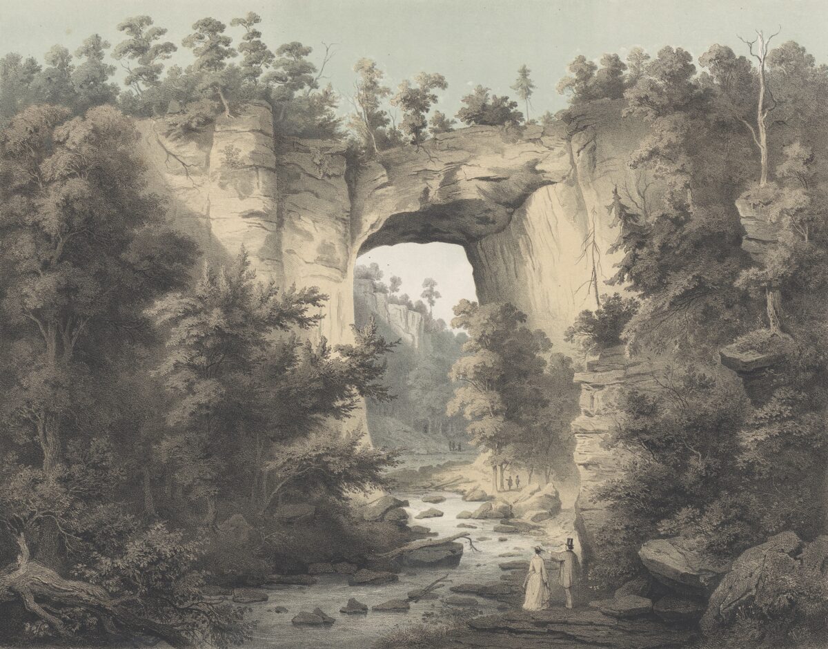 Tác phẩm “Natural Bridge, Rockbridge Co., Va.” (Natural Bridge, Quận Rockbridge, Virginia), năm 1858, trong “Album về Virginia,” của họa sĩ Edward Beyer. Tranh in thạch bản. Quỹ Virginiana, Bảo tàng Mỹ thuật Virginia. (Ảnh: Bảo tàng Mỹ thuật Virginia)