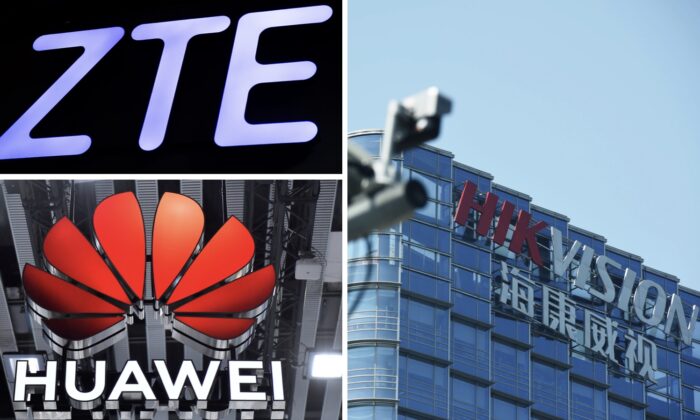 Trên cùng bên trái: Một bảng hiệu ZTE. (Ảnh: David Ramos/Getty Images) Dưới cùng bên trái: Một bảng hiệu Huawei. (Ảnh: Pau Barrena/AFP qua Getty Images) Bên phải: Biển hiệu Hikvision. (Ảnh: STR/AFP qua Getty Images)