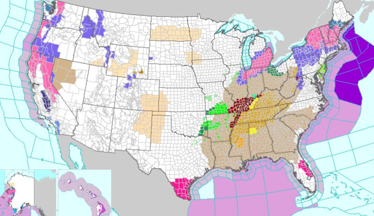 Kể từ sáng hôm thứ Sáu (03/03), bản đồ của Cơ quan Thời tiết Quốc gia cho thấy các khuyến cáo về gió, cảnh báo gió lớn, và cảnh báo lốc xoáy có hiệu lực đối với hầu hết các tiểu bang miền đông nam Hoa Kỳ, Trung Tây, và một số tiểu bang ở Trung Đại Tây Dương. Các phần màu nâu và nâu nhạt là những khu vực đã ban hành khuyến cáo về gió. (Ảnh: Weather.gov.)
