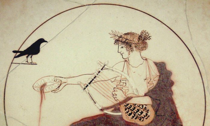 Thần Apollo với chiếc đàn Lia mai rùa, vào thế kỷ thứ 5 sau Công Nguyên. Cốc uống nước calix. (Ảnh: CC BY-SA 2.0 de)