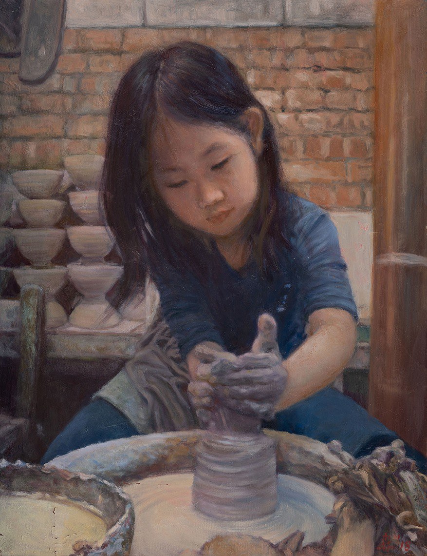 Tác phẩm “Chú tâm” của họa sĩ Louice Chen. (Ảnh: Cuộc thi Quốc tế Vẽ tranh Sơn dầu Tả thực Nhân vật của Đài truyền hình NTD)