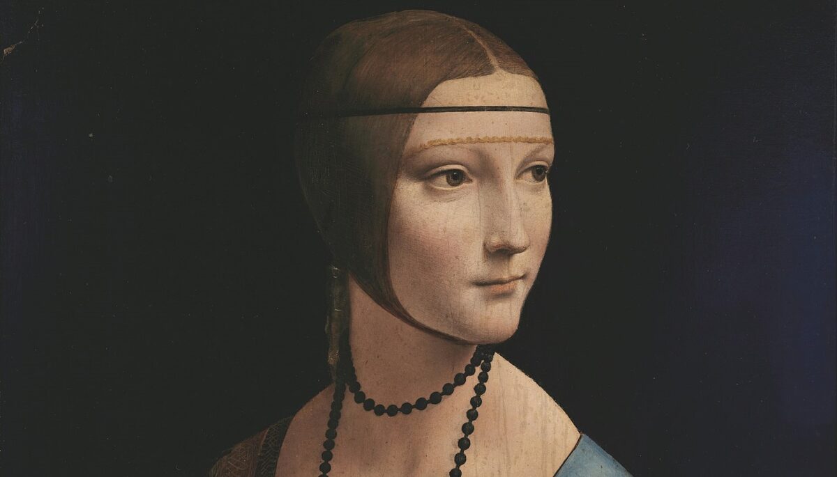 Một góc của bức tranh “Lady With an Ermine (Portrait of Cecilia Gallerani)” (Thiếu nữ cùng một chú chồn ermine; Chân dung của nàng Cecilia Gallerani) của danh họa Leonardo da Vinci, khoảng năm 1490. Tranh sơn dầu và màu pha keo (sơn màu sử dụng keo thực vật hoặc keo động vật, nhưng không phải trứng, như một chất kết dính) trên gỗ; kích cỡ 21 inch x 15 1/2 inch. Bảo tàng Quốc gia, thành phố Krakow, Ba Lan. (Ảnh: Tài sản công)