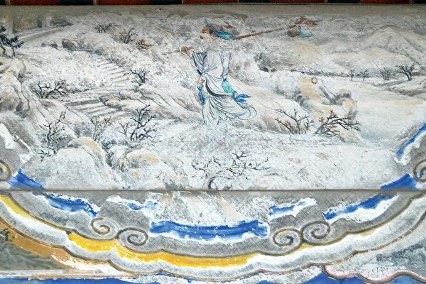 Giữa trời gió tuyết, Lâm Xung đi đến miếu Sơn Thần: tranh vẽ ở hành lang Di Hòa viên. (Tài sản công)