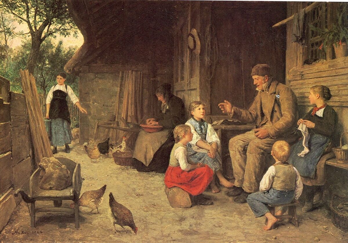 Tác phẩm “Grandfather Telling a Story” (Nghe ông kể chuyện) của họa sĩ Albert Anker, năm 1884. Tranh sơn dầu trên vải canvas. Bảo tàng Mỹ thuật Bern. (Ảnh: Art Renewal Center)
