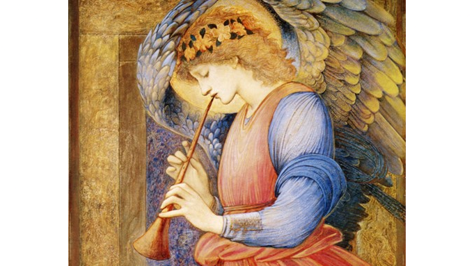 Chi tiết trong tác phẩm “An Angel Playing the Flageolet” (Thiên sứ thổi sáo flageolet) của họa sĩ Edward Burne-Jones, khoảng năm 1878. Tranh vẽ trên giấy bằng màu keo và vàng; kích thước 29 1/4 inch x 24 inch. Quà tặng của bà Emma Holt (năm 1944), Bảo tàng Sudley House. (Ảnh: Tài sản công)