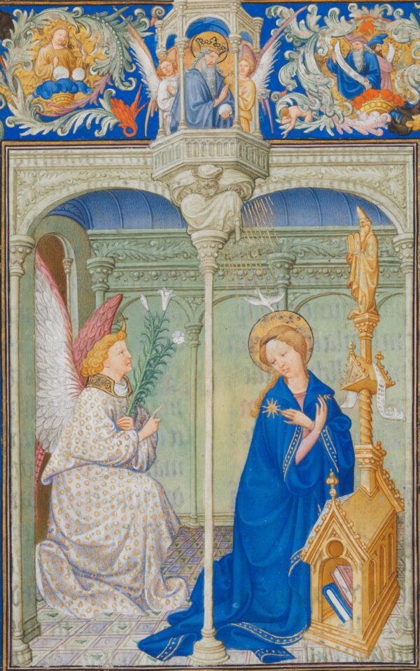 Cận cảnh bức họa về thiên Chúa, thiên sứ Gabriel, và Đức Mẹ Đồng Trinh Mary trong bức “Thiên sứ truyền tin” trong “The Beautiful Hours of Jean of France, Duke of Berry” do anh em nhà Limbourg thực hiện (Ảnh: Tài sản công)