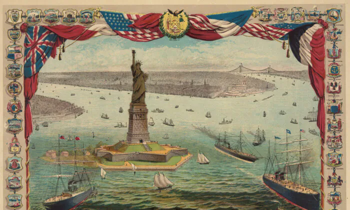 “Món quà của nước Pháp gửi tặng người dân Mỹ quốc, bức tượng đồ sộ của điêu khắc gia Bartholdi, Tự do Soi sáng Thế giới,” năm 1884. Thư viện Quốc hội. (Ảnh: Tài sản công)
