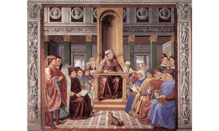 Nhà thần học thời trung cổ Thánh Augustine sử dụng nghệ thuật hùng biện như một công cụ cho việc học. Bức tranh “St. Augustine Reading Rhetoric and Philosophy at the School of Rome (Thánh Augustine đọc sách dạy hùng biện và triết học tại Trường học La Mã),” của họa sĩ Benozzo Gozzoli, năm 1464–1465. (Ảnh: Tài sản công)