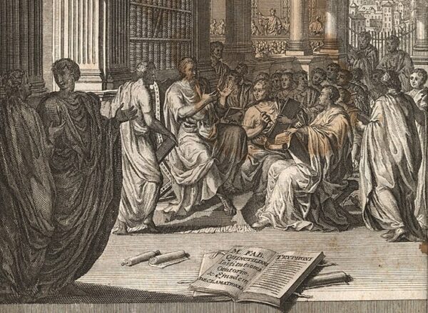 Ông Quintilian nghiên cứu tác phẩm của nhà hiền triết Aristotle và tự viết nên những hướng dẫn tương tự. Trang bìa của cuốn sách “Institutio Oratoria,” ấn bản bằng tiếng Hà Lan năm 1720, cho thấy ông Quintilian đang giảng về nghệ thuật hùng biện. (Ảnh: Tài sản công)