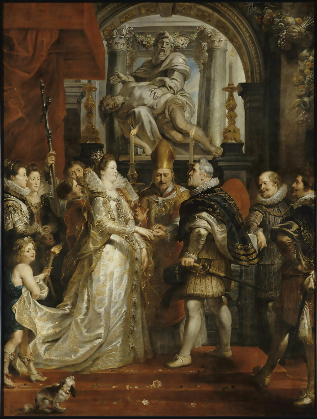 Tác phẩm “The Wedding by Proxy of Marie de’ Medici to Vua Henri IV” (Đám cưới theo ủy nhiệm của Vương hậu Marie de’ Medici với Vua Henry IV) thuộc loạt tranh Marie de’ Medici cycle, vào khoảng năm 1622–1625, bởi danh họa Peter Paul Rubens. Sơn dầu trên vải canvas Bảo tàng Louvre, Paris. (Ảnh: Tài sản công)