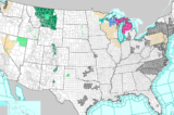 Một số tiểu bang Hoa Kỳ (màu đen hoặc nâu vàng) nhận được cảnh báo về chất lượng không khí, hôm 07/06/2023. (Ảnh: Cơ quan Thời tiết Quốc gia)