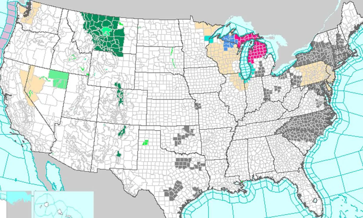 Một số tiểu bang Hoa Kỳ (màu đen hoặc nâu vàng) nhận được cảnh báo về chất lượng không khí, hôm 07/06/2023. (Ảnh: Cơ quan Thời tiết Quốc gia)